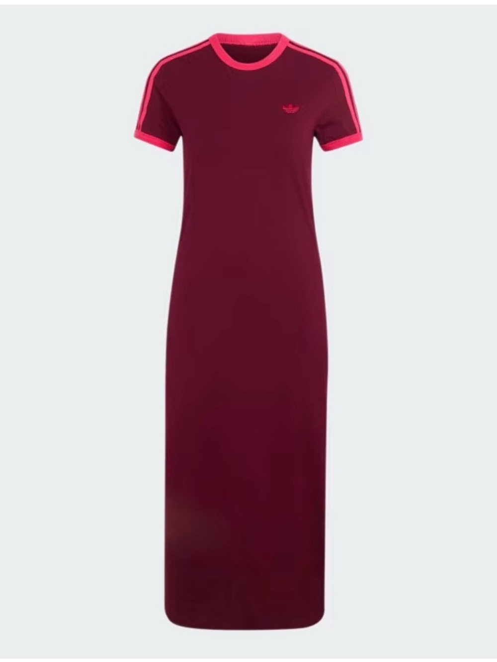 adidas 3 stripe Maroon Maxi T-Shirt Dress with Pink Trim